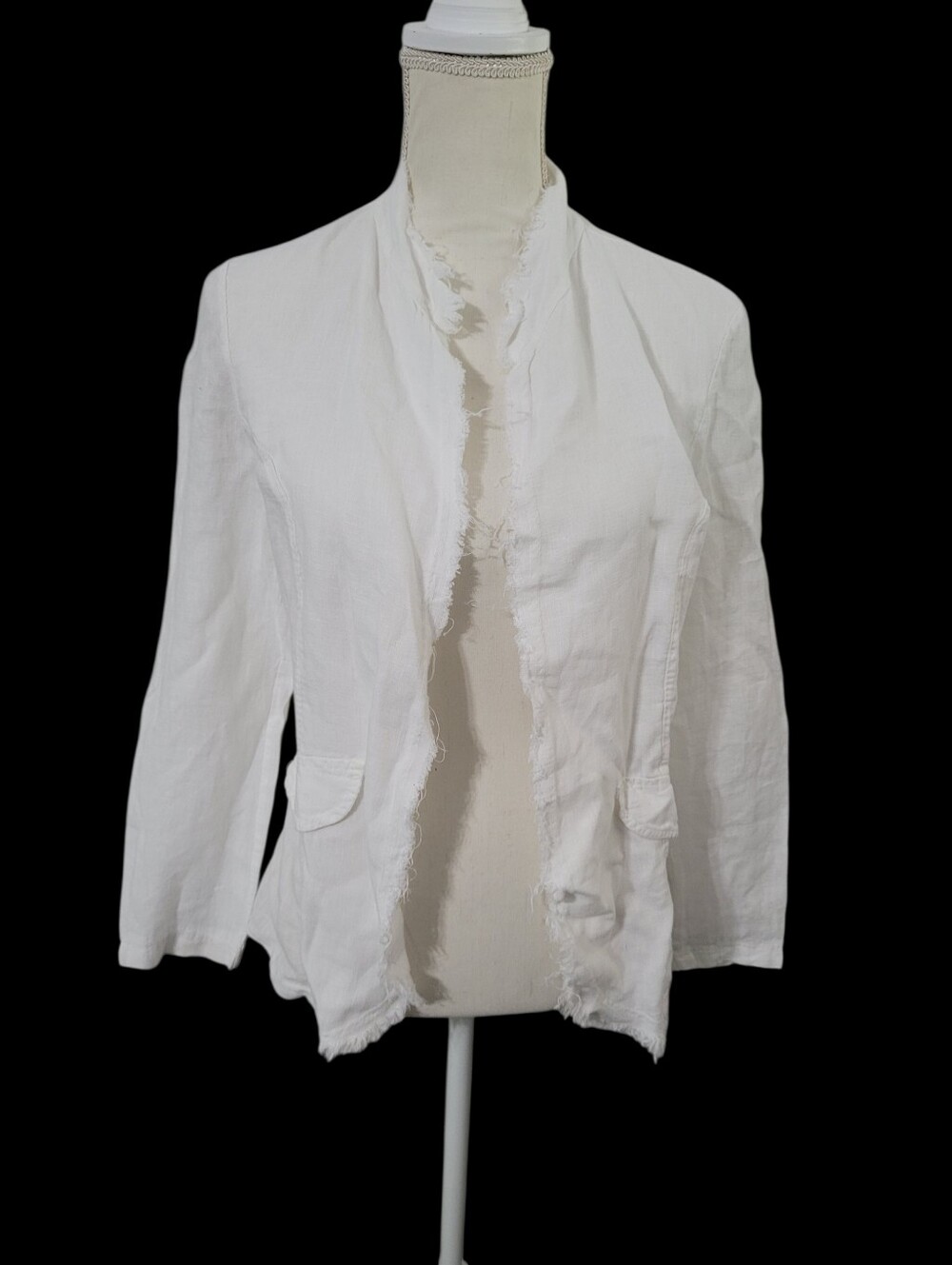 White Linen Blazer Fringe Trim Small Elbow Patches Coastal Angelcore Cleangirl